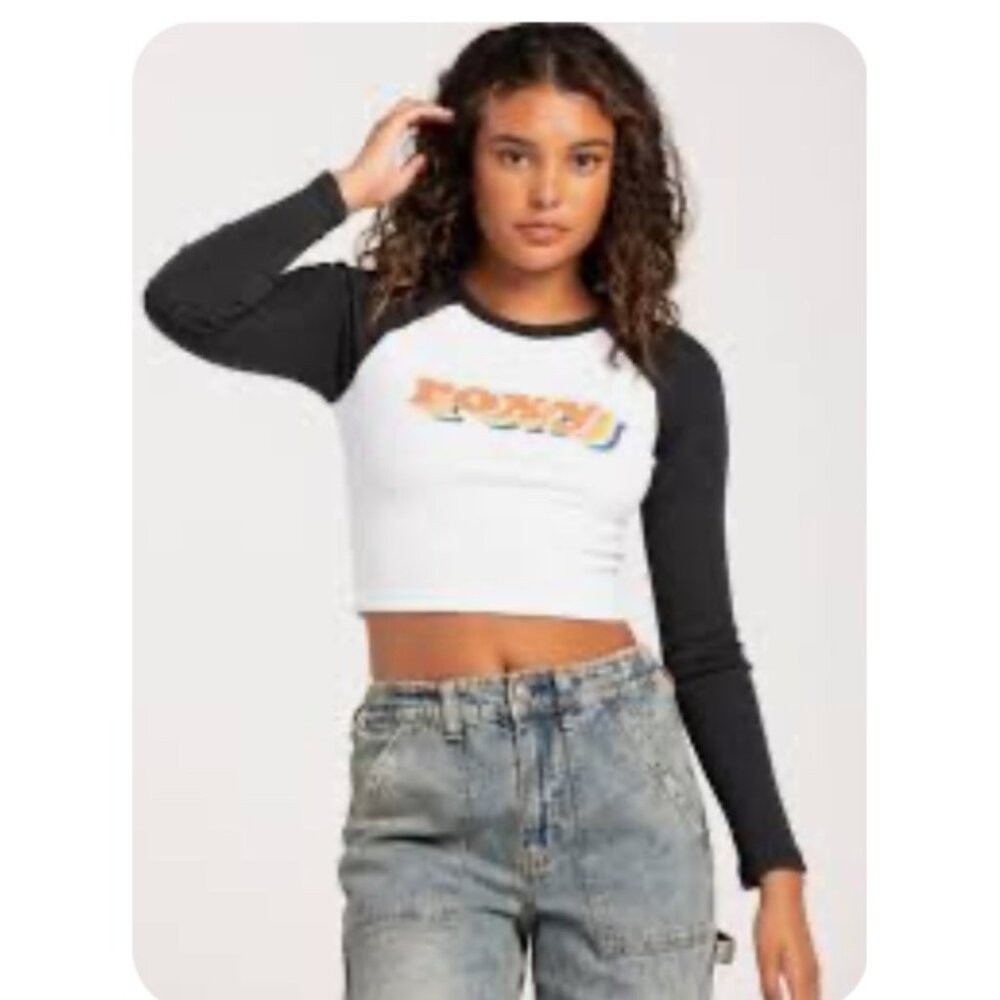 Roxy Womens XS White & Black Long Sleeve Crop Top With Retro Logo Print